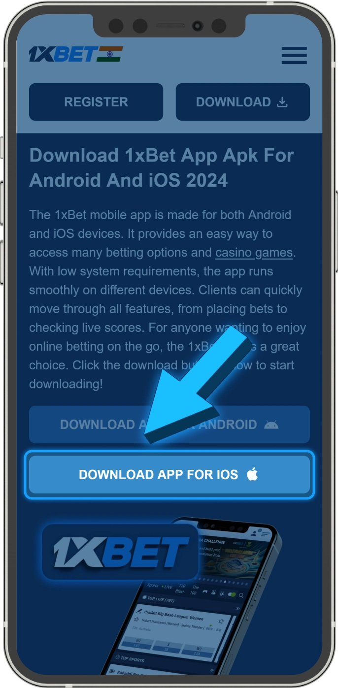 To get the 1xBet for your iOS device, press the download button.