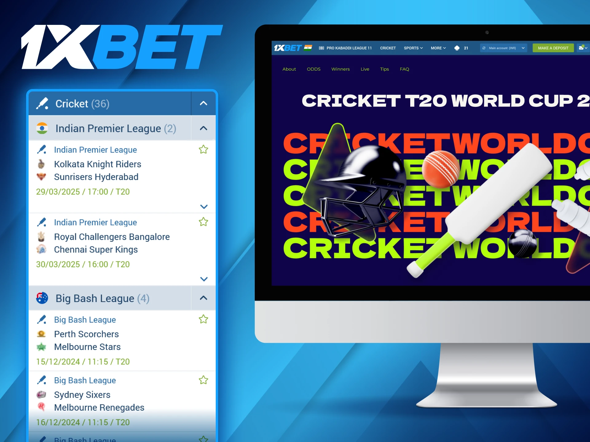 Top cricket leagues are available for betters on the 1xBet platform.