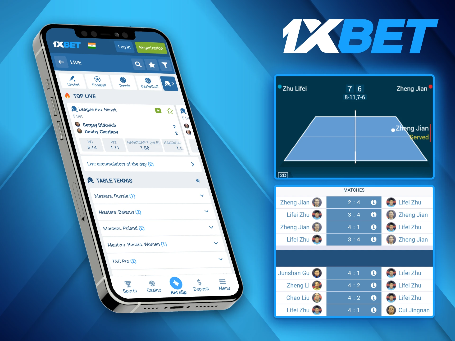 The 1xBet mobile application allows wagers to place bets on table tennis from their phone.