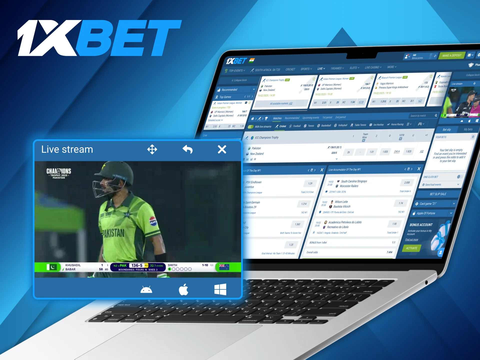 1xBet website offers live video broadcasts of sports competitions.