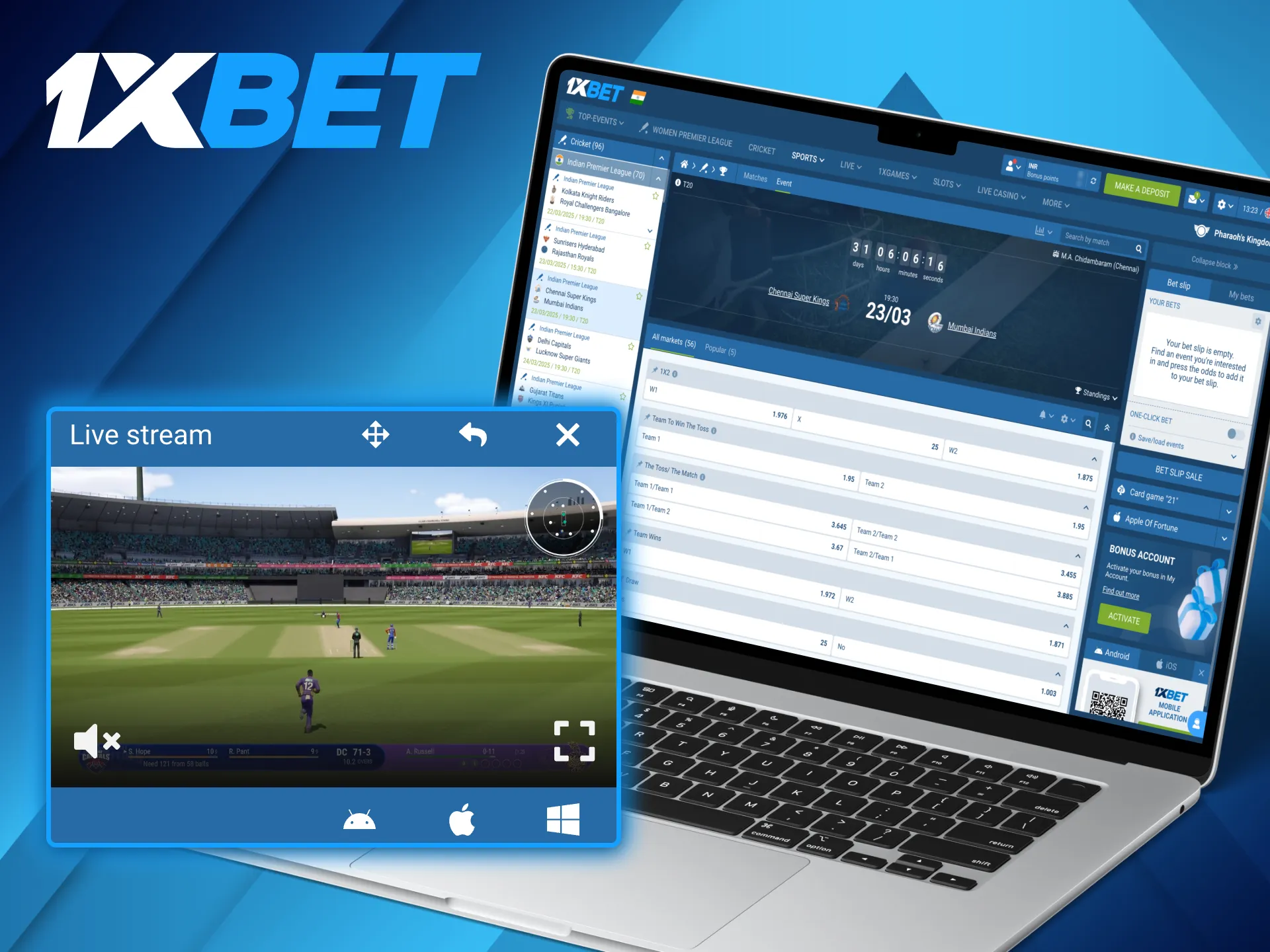 On 1xBet site you can watch IPL live video broadcasts.